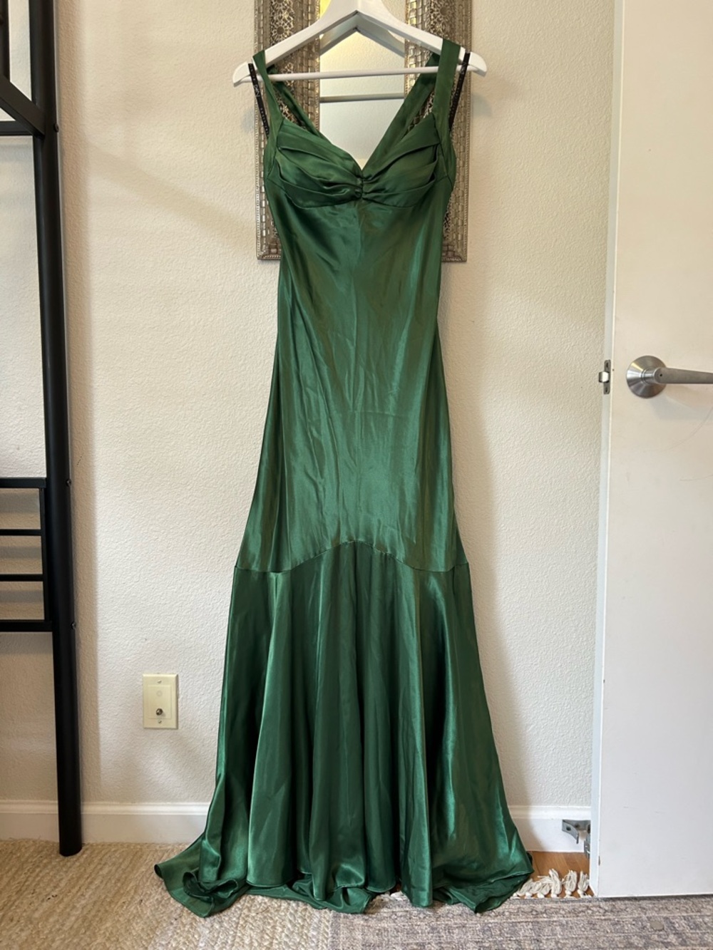 Green Satin V-Neck Prom Gown